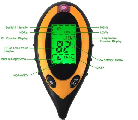 LCD Display Digitaal 4 in 1 Bodem PH Meter met Temperatuur Vochtigheid Zonlicht Tester