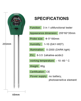 Rustvrijstalen buissonde 3 in 1 vocht/licht/pH-tester voor planten/gras/boerderij/tuin