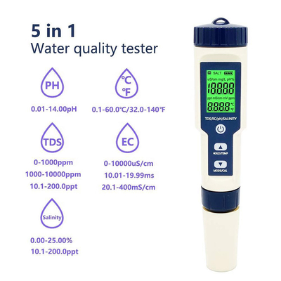 Multiparameter pH-meter 5 in 1 TDS/EC/saliniteit/TEMP-tester met vervangbare elektrode