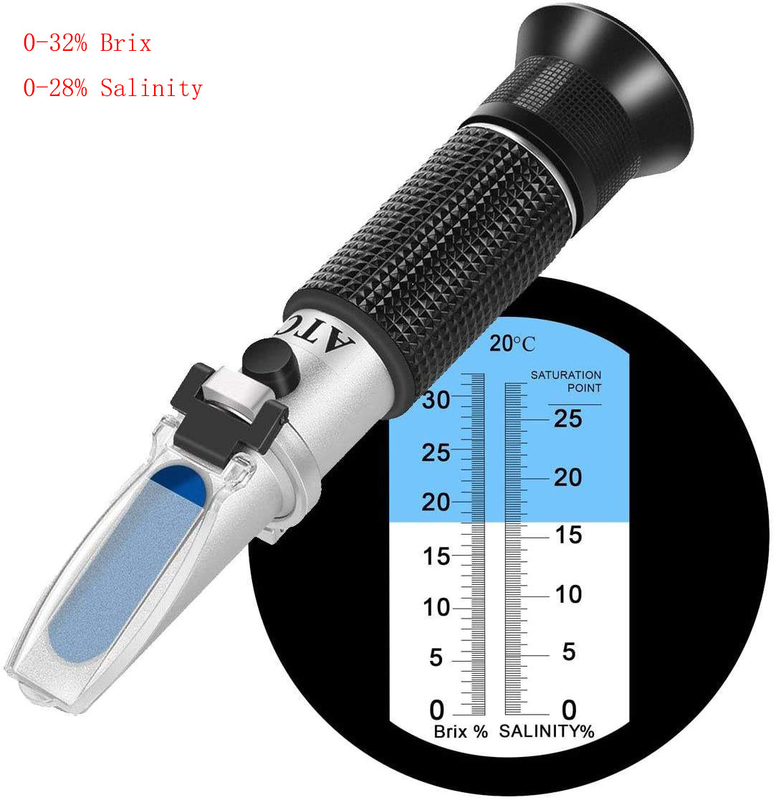 OEM-ondersteuning 2 schaal 0-32% Brix 0-28% Zoutgehalte ATC-refractometer voor zeewater Marine Fishkeeping Aquarium