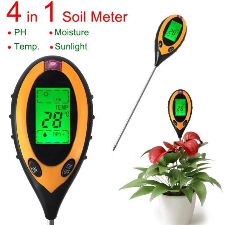 LCD Display Digitaal 4 in 1 Bodem PH Meter met Temperatuur Vochtigheid Zonlicht Tester